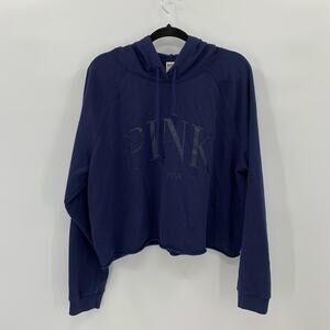 Victoria's Secret Pink Women XXL Cropped Hoodie Blue Spellout Boxy Raw Hem Soft